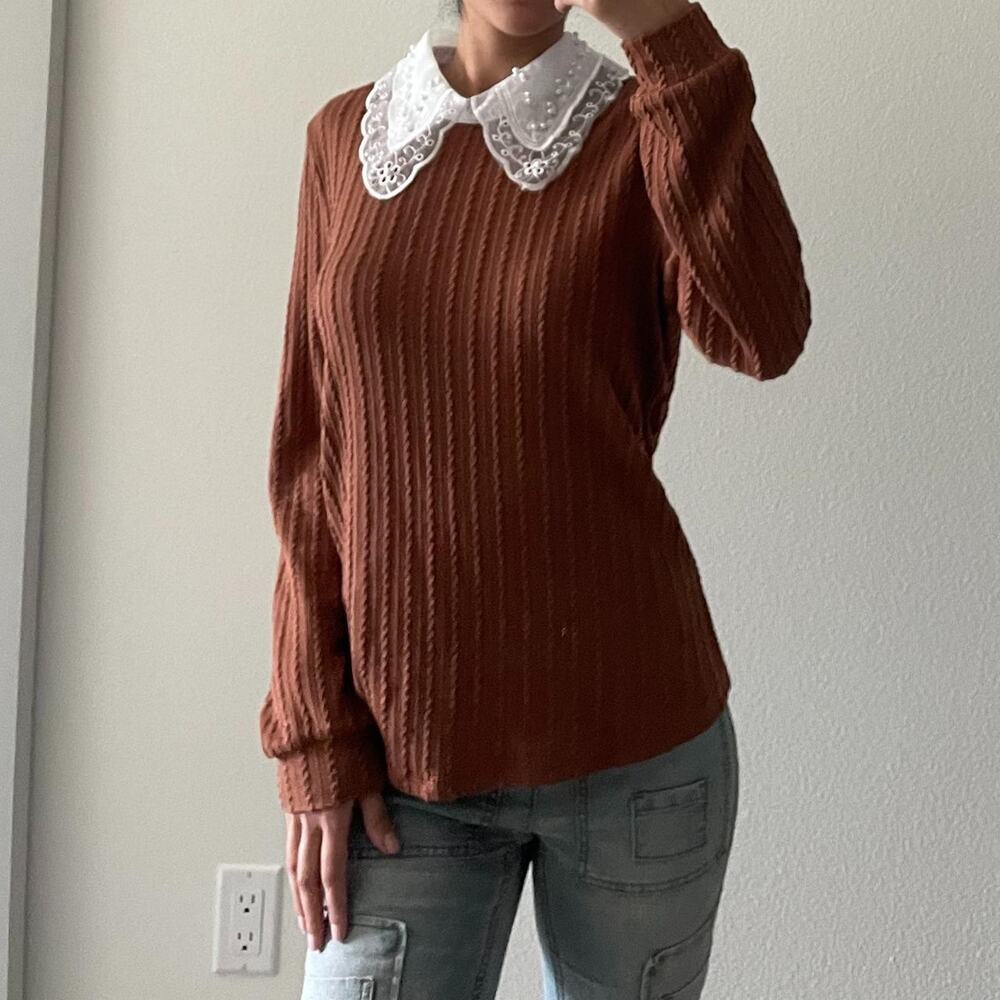 Brown Long Sleeve Top with White Neck